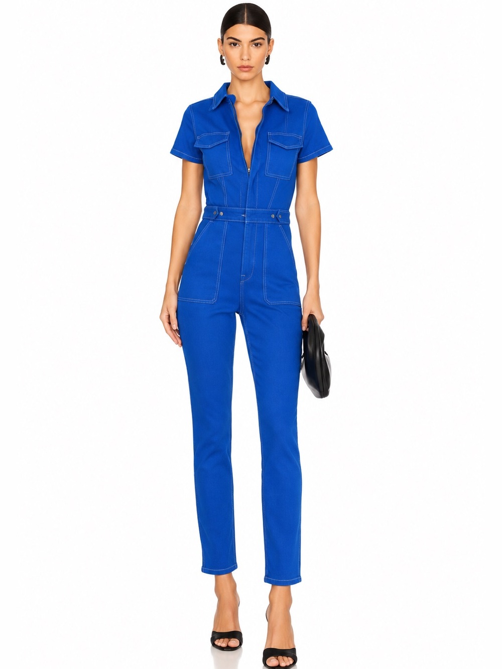 Good American Electric Blue Short-Sleeve Denim Jumpsuit Overalls